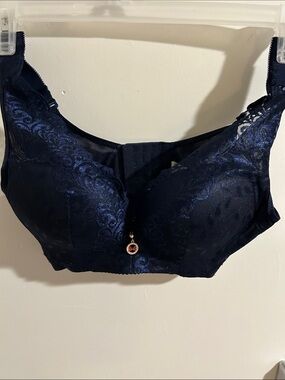 Navy Lace Full Coverage Bra with Charm